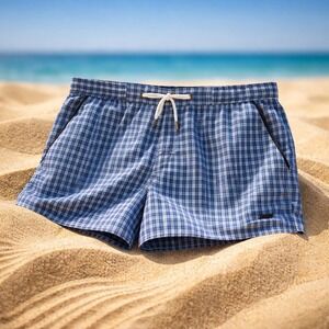 Parke & Ronen Mens Plaid Swim Trunks Blue White Size 32 Made in USA